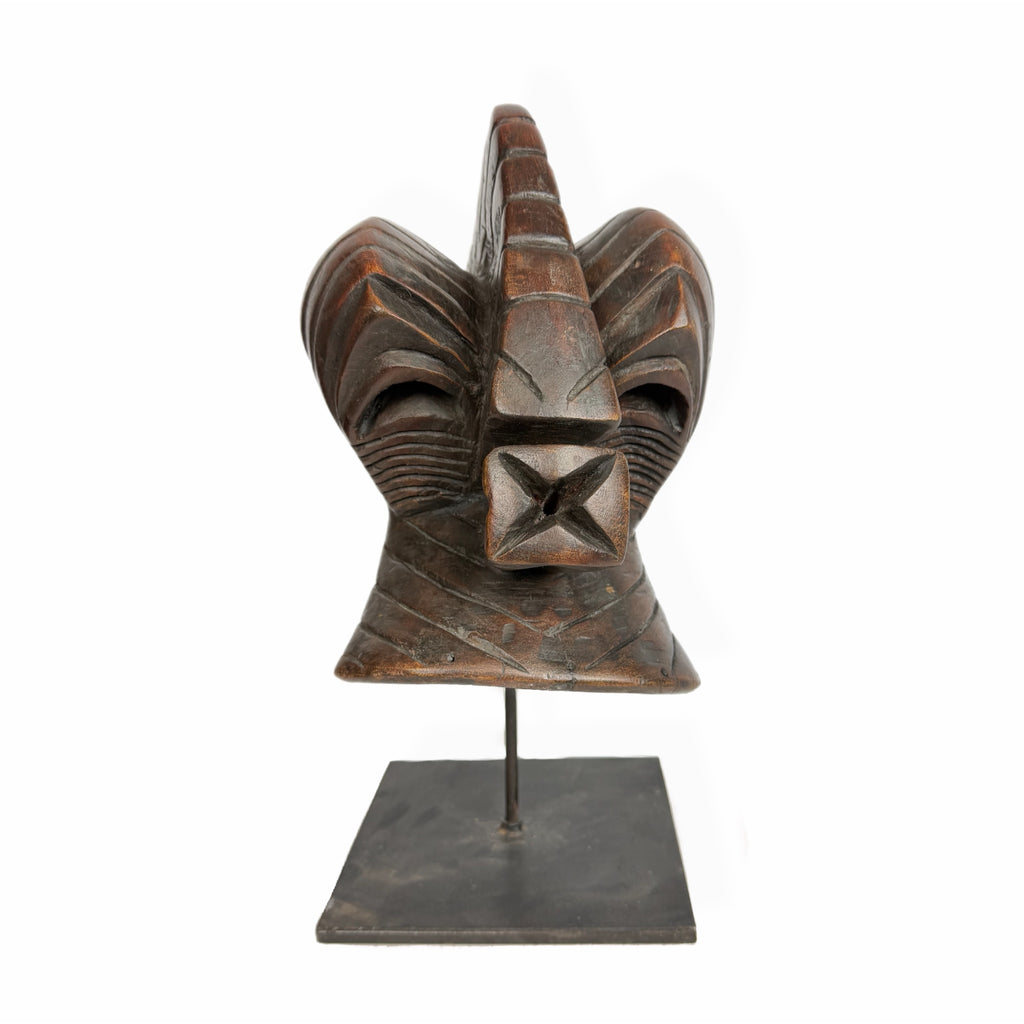 African Abstract Mask — Horned Guardian on Metal Stand