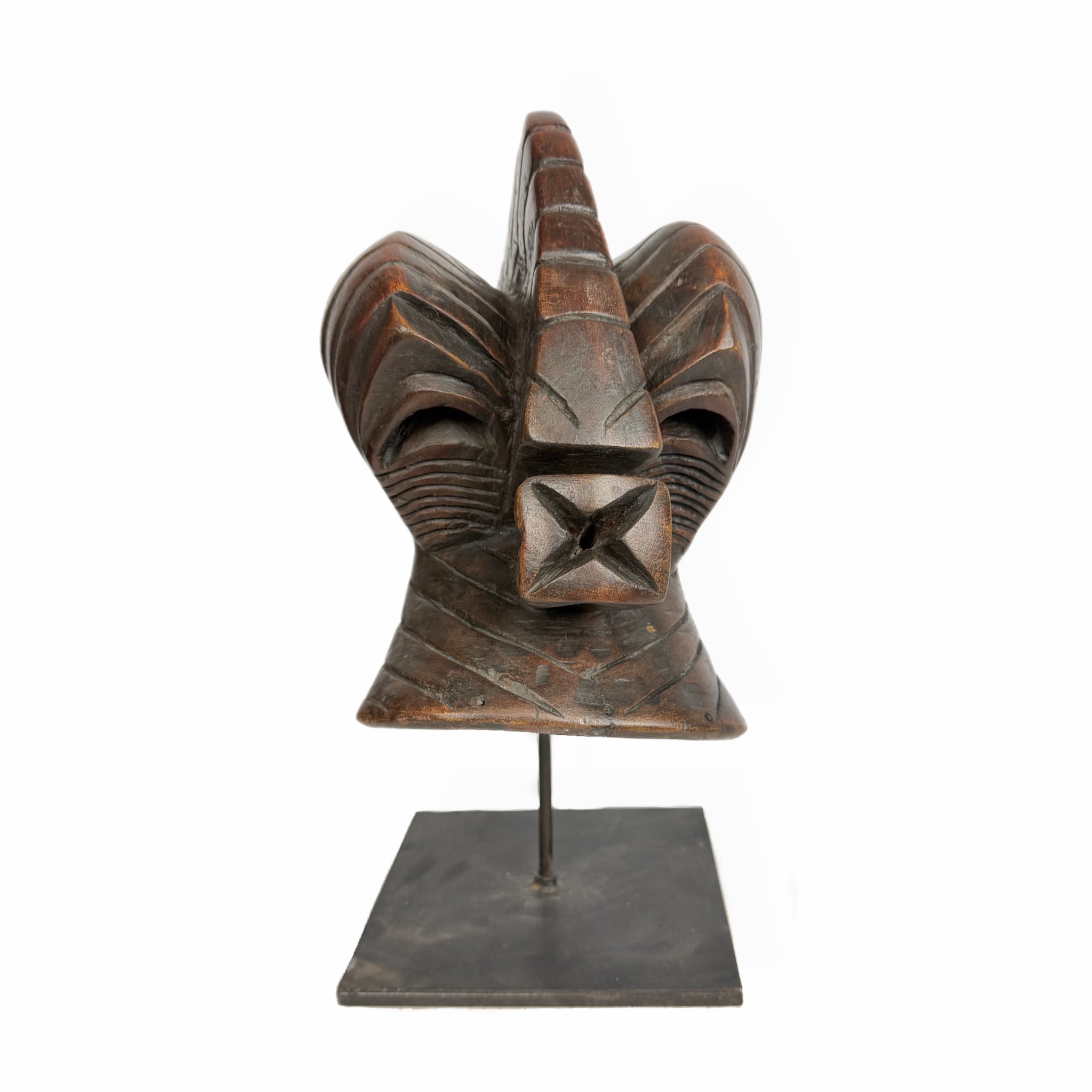 African Abstract Mask — Horned Guardian on Metal Stand
