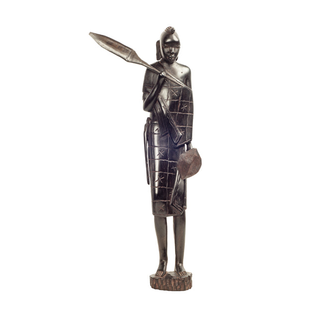 Maasai Warrior with Spear and Shield — Ebony Sculpture
