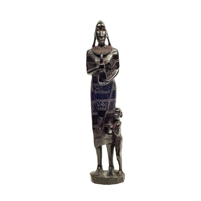 Maasai Woman with Child — Ebony Sculpture of Mother and Son