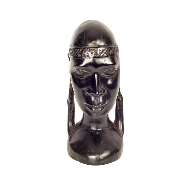 Ebony Bust of an African Woman — Head with Ornate Headband and Earrings