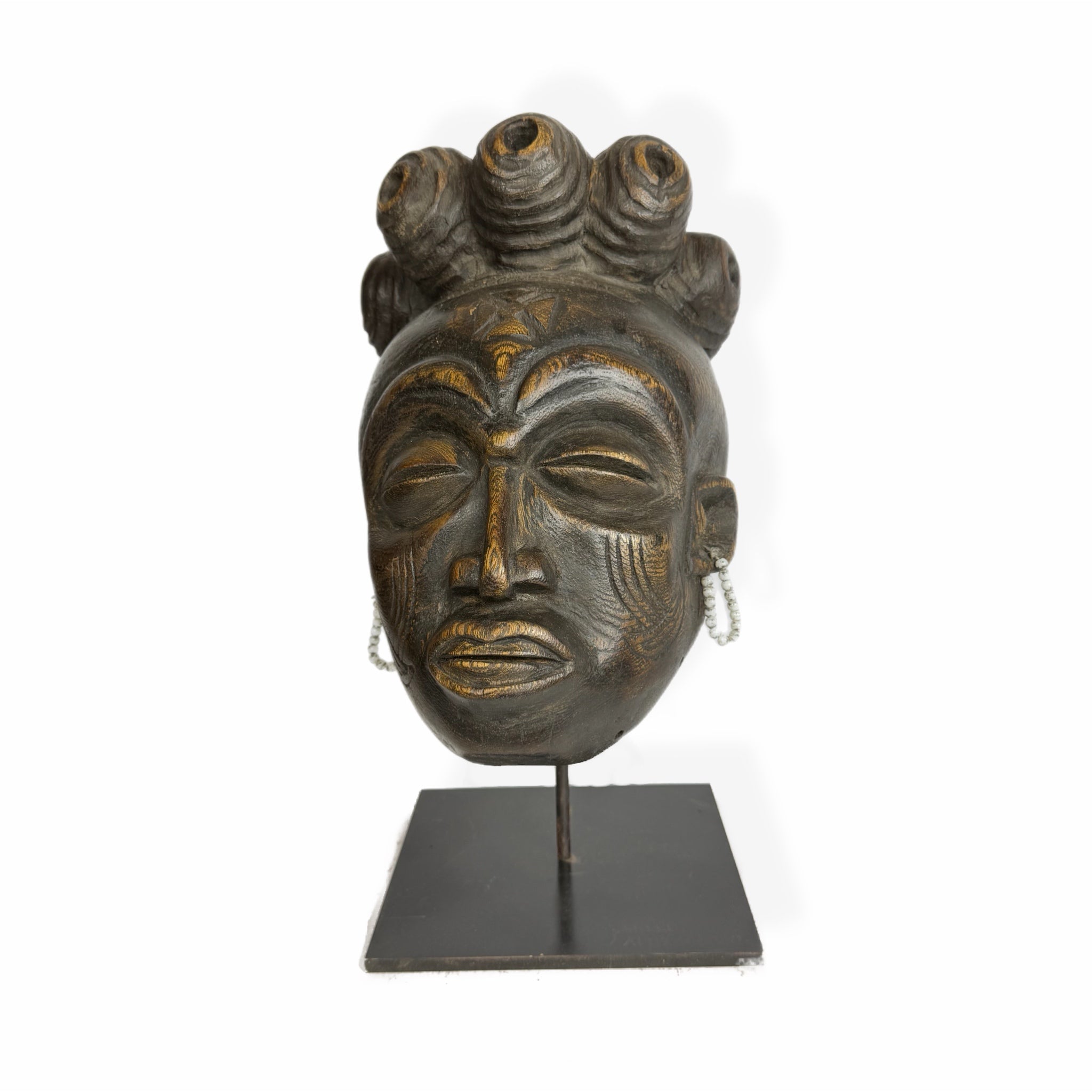African Female Mask — Royal Face with Ornate Coiffure and Beaded Earrings