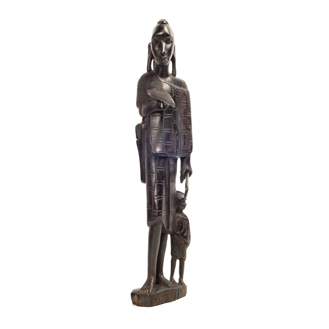 Maasai Warrior with Child — Ebony Sculpture of Father and Son
