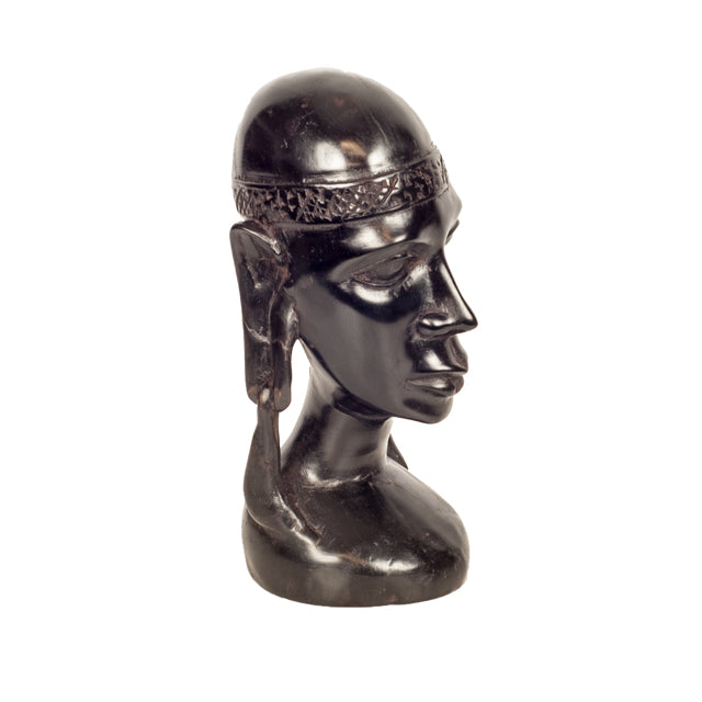 Ebony Bust of an African Woman — Head with Ornate Headband and Earrings
