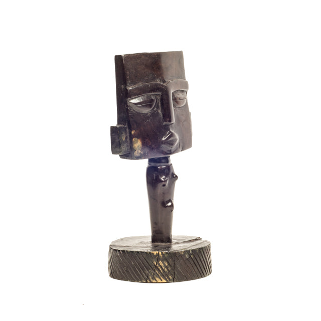 Ebony Tribal Figurine — Geometric Head on Pedestal