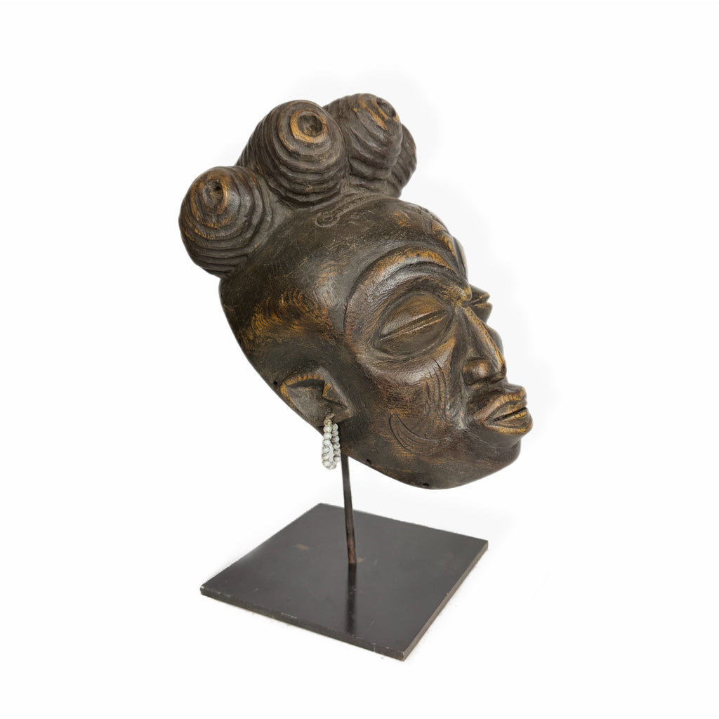 African Female Mask — Royal Face with Ornate Coiffure and Beaded Earrings