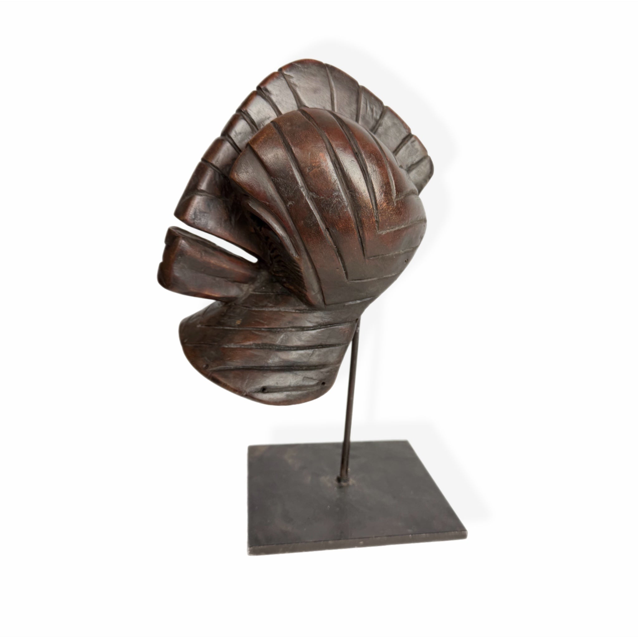 African Abstract Mask — Horned Guardian on Metal Stand