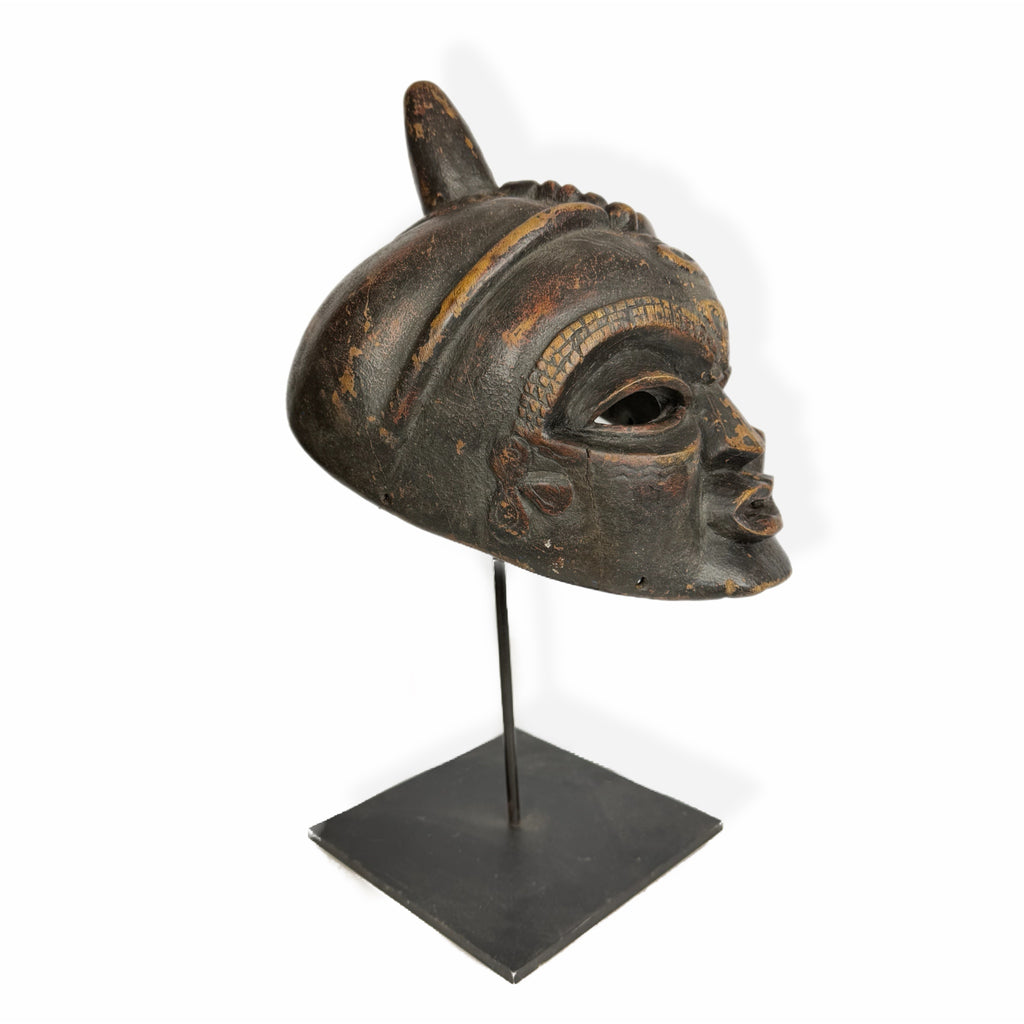 African Moon Mask — Royal Face with Horn on Metal Stand