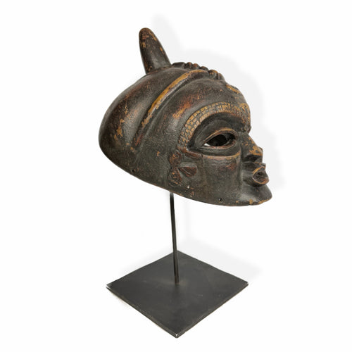 African Moon Mask — Royal Face with Horn on Metal Stand