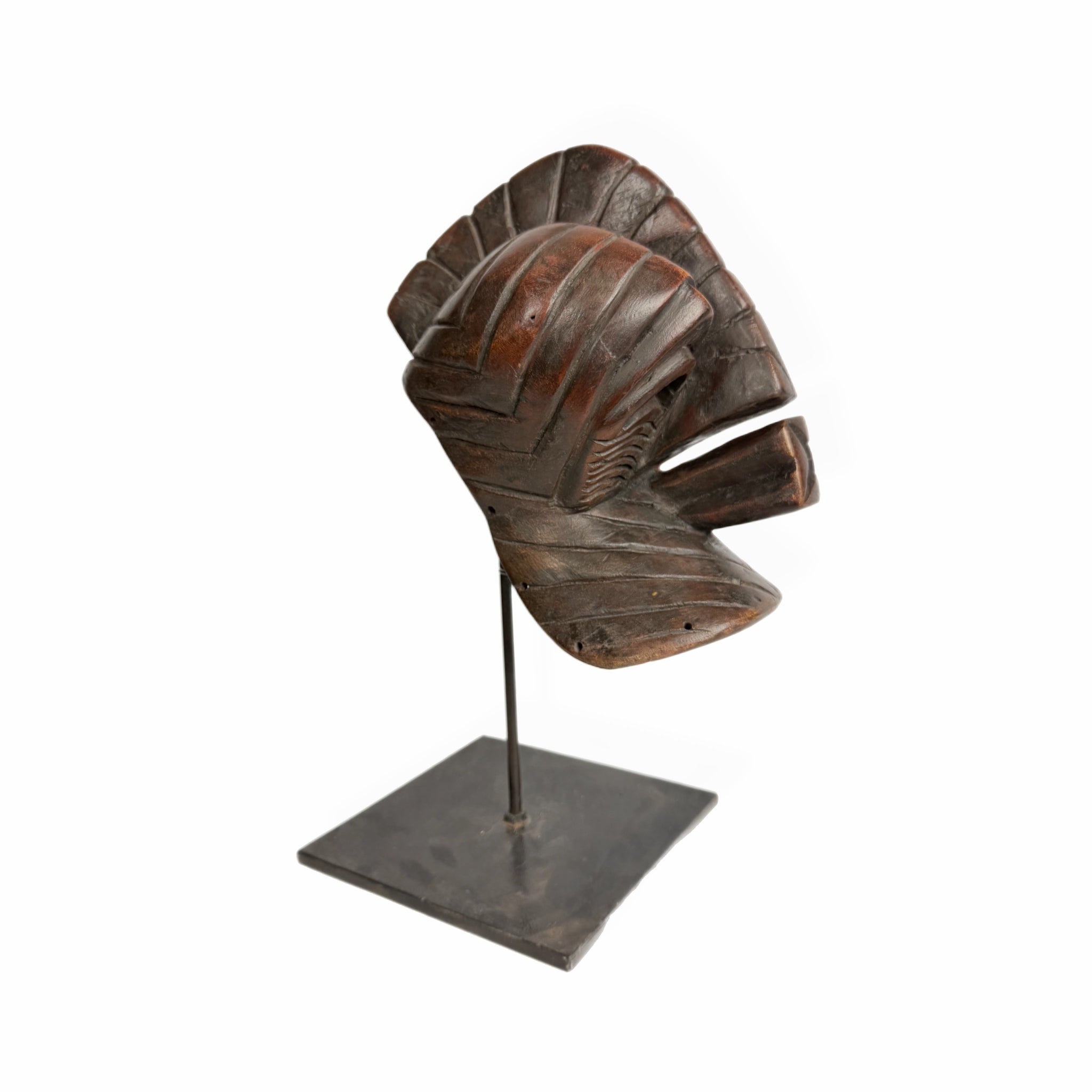 African Abstract Mask — Horned Guardian on Metal Stand