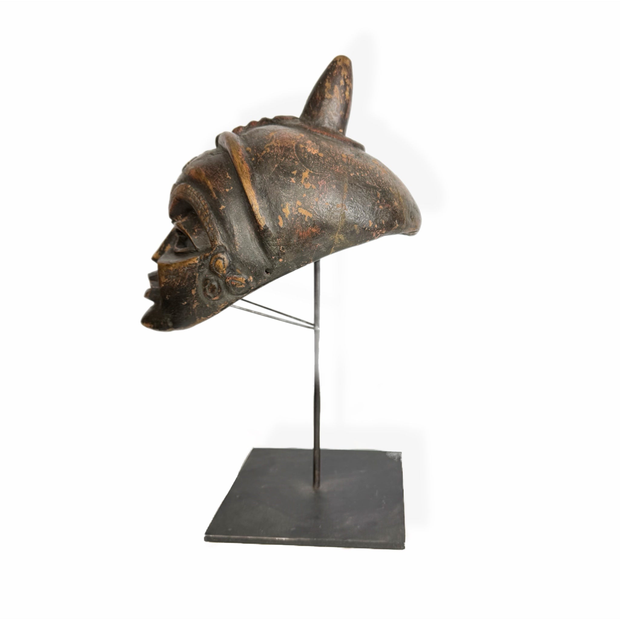 African Moon Mask — Royal Face with Horn on Metal Stand
