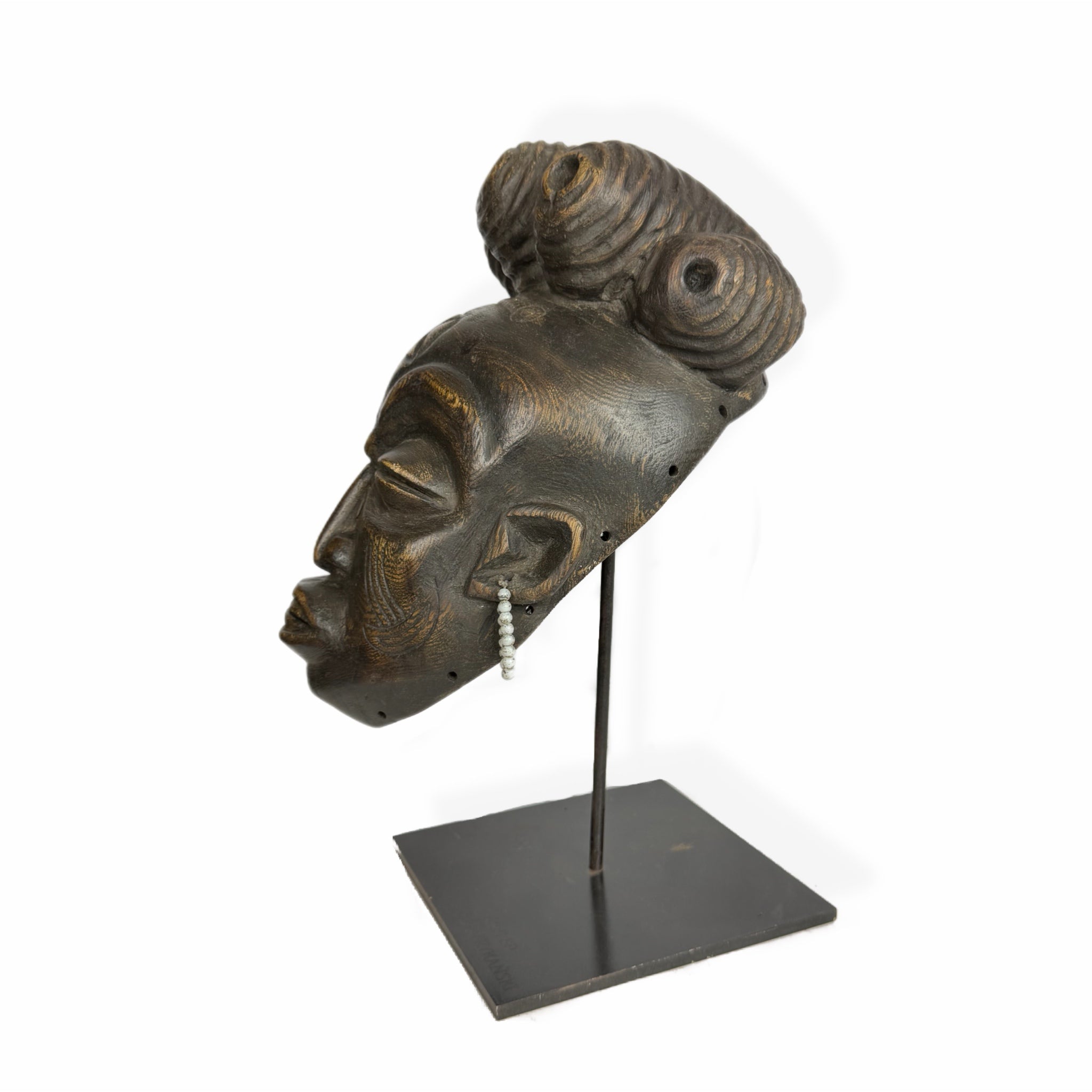 African Female Mask — Royal Face with Ornate Coiffure and Beaded Earrings
