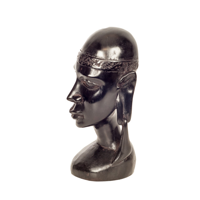 Ebony Bust of an African Woman — Head with Ornate Headband and Earrings