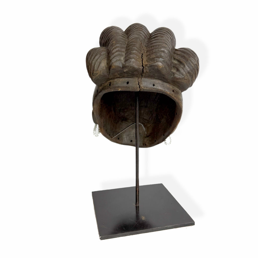 African Female Mask — Royal Face with Ornate Coiffure and Beaded Earrings