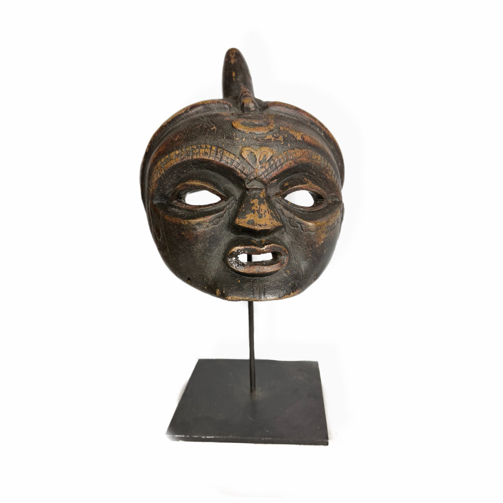 African Moon Mask — Royal Face with Horn on Metal Stand