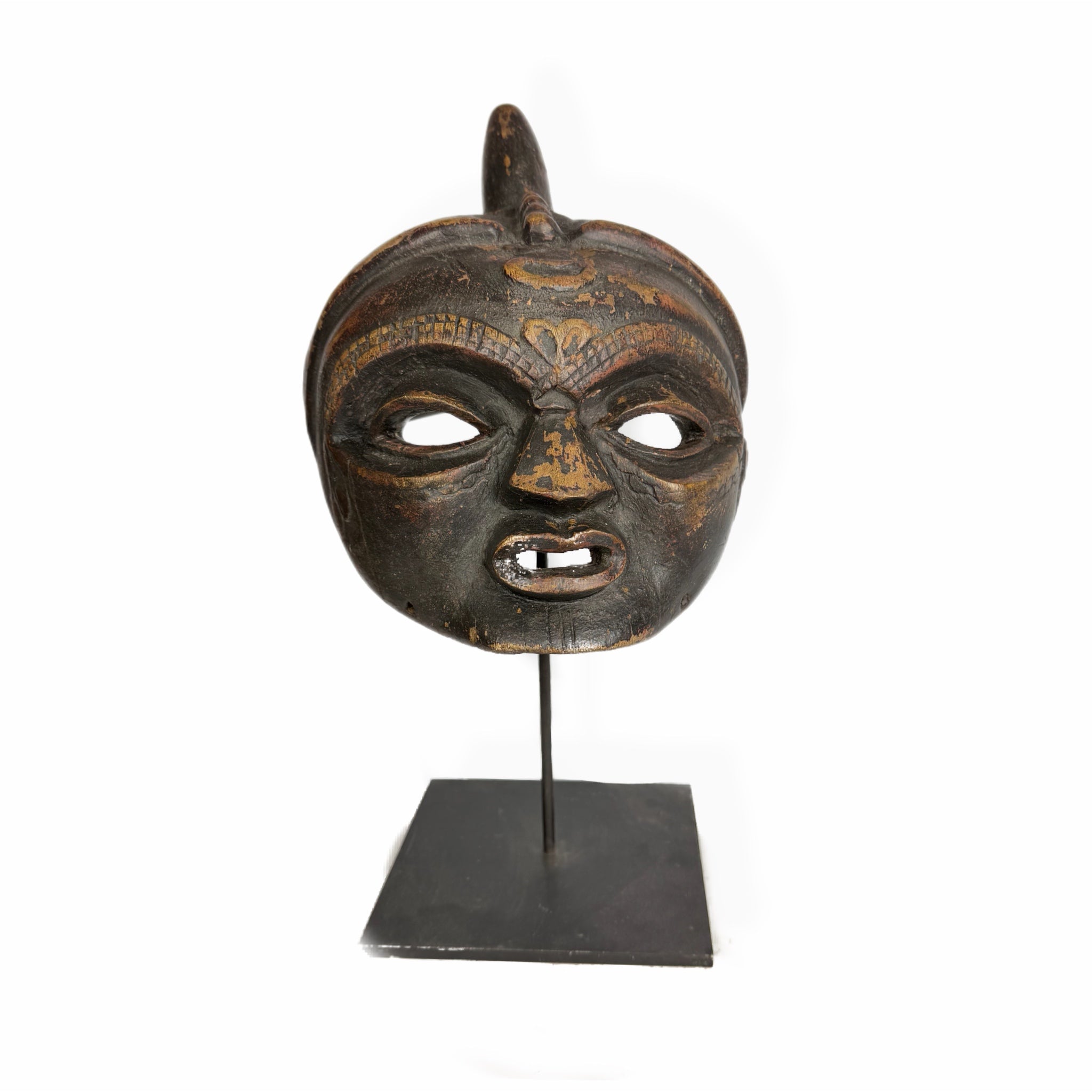 African Moon Mask — Royal Face with Horn on Metal Stand