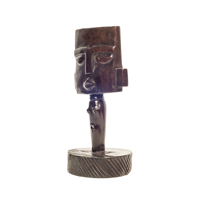 Ebony Tribal Figurine — Geometric Head on Pedestal